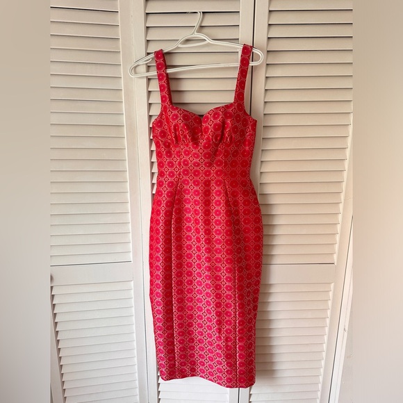 Saloni Halle sweetheart pink and red jaquard silk midi dress - Picture 4 of 8